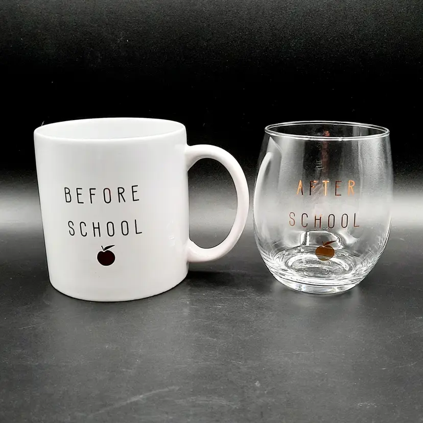 Before School Mug & After School Wine Glass Teacher Gift Apple