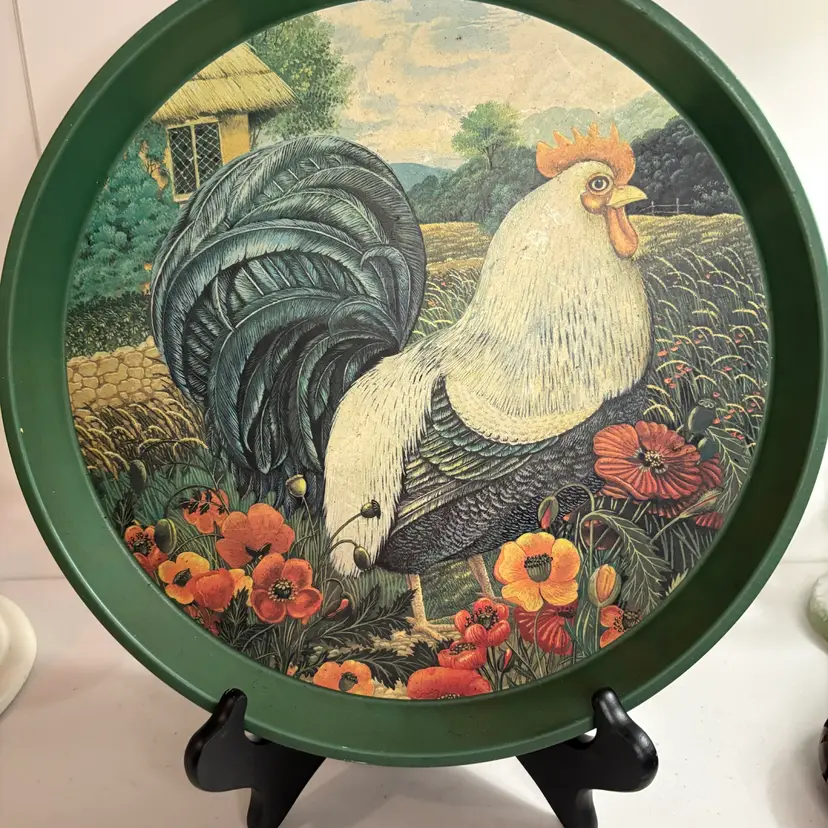 Round Rooster And Flowers Metal Tray
