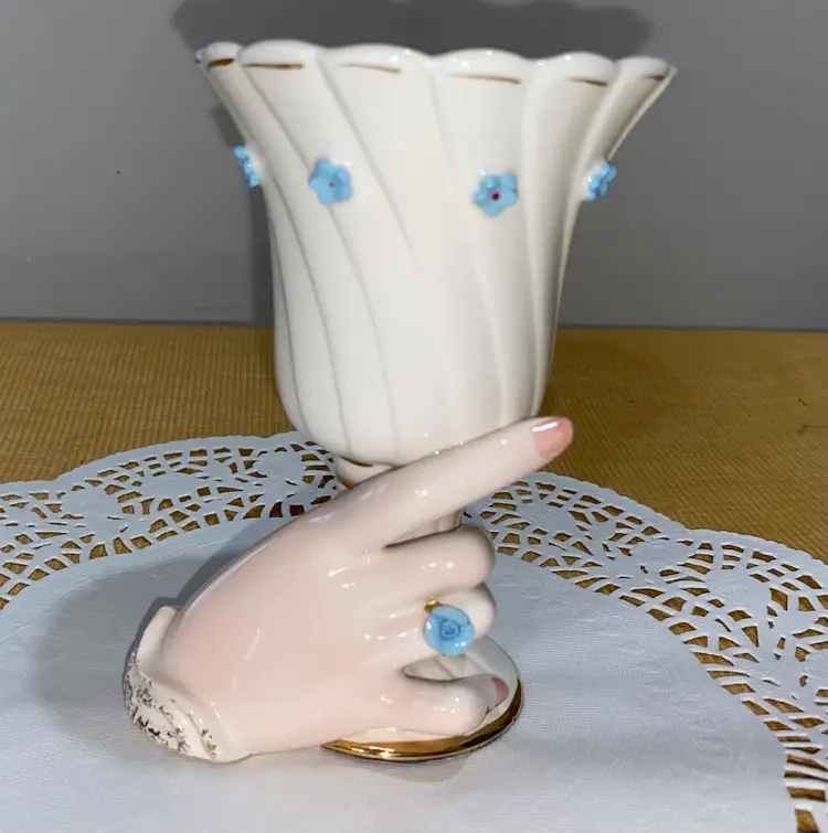 Vintage Napco Ware Lady Hand Holding Goblet Vase Blue Applied Rose C5528