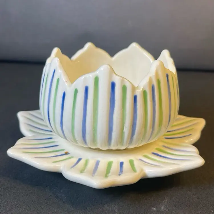 Lotus Flower Signed Votive Dish White, Blue, Green Pottery Orig. McNees 240 USA