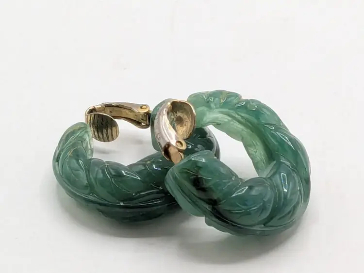 Vintage Avon Faux Green Jade Clip On Hoop Earrings