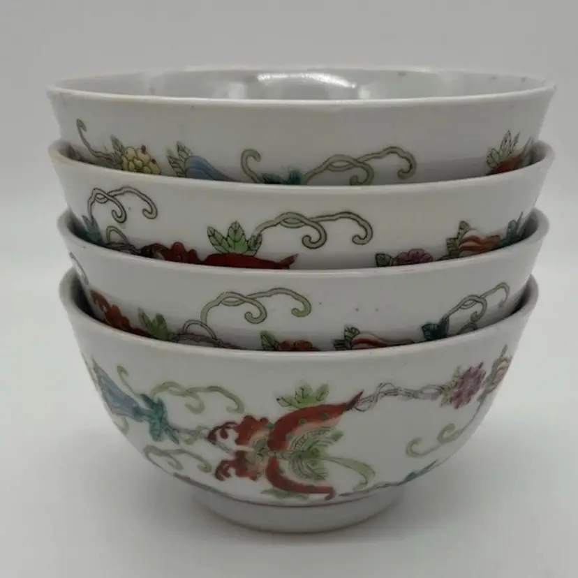 Vintage Chinese Jingdezhen Hand Painted Butterfly Squash Blossom Flower Bowls Set/4