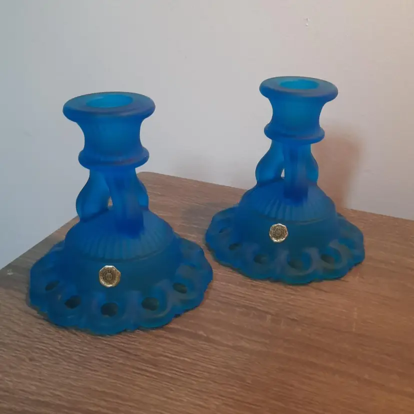 Vintage Westmoreland Glass Dark Blue Satin Mist Doric Lace Candle Holder Pair