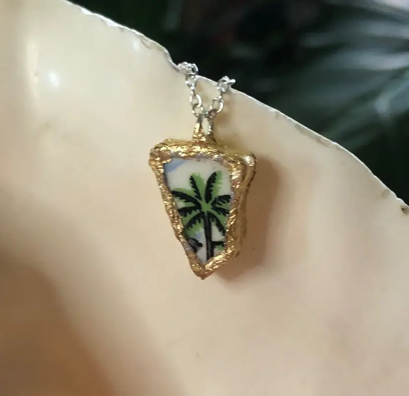 Oodelally Shop Broken Pottery Artisan Made Palm Tree Pendant Florida Collectors Plate Handcrafted Necklace 1/2in x 5/8in