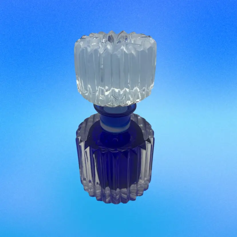 Vintage Ribbed Clear And Cobalt Blue Crystal Sommerso Perfume Bottle With Stopper, 4.25” x 2”