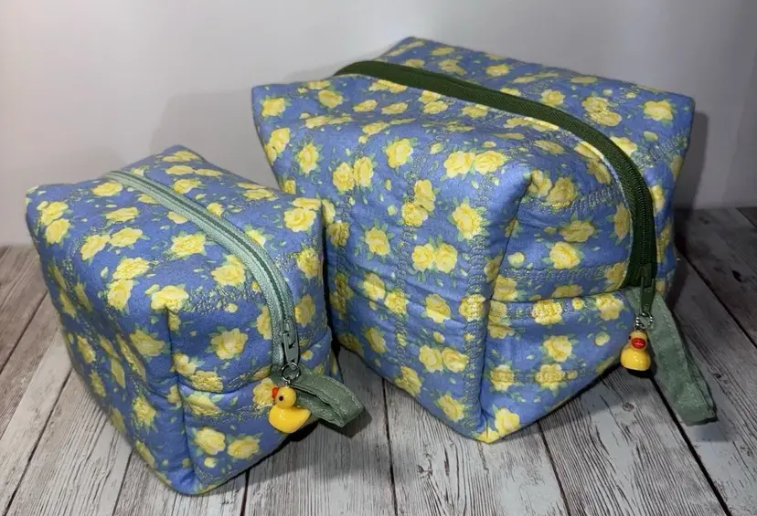 Boxy Makeup Bag Quilted Floral With Duck Charms Handmade Travel Bags Set Of 2