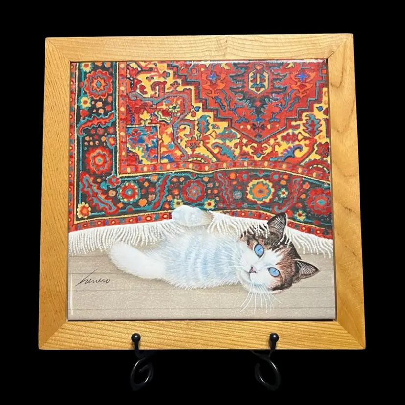MARKDOWN! 1982 Lowell Herrero Cat Under Rug Framed Tile Hanging Wall Art Japan ~9.5” x 9.5” x 0.5”