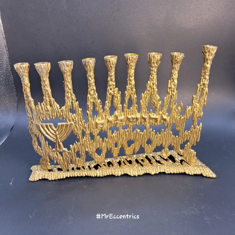 VTG MCM WAINBERG Judaica Brass Brutalist Menorah Hanakuh 1960s Made In Isreal