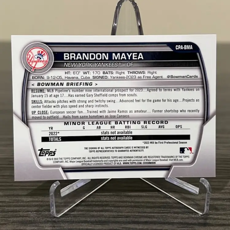 2023 Bowman Chrome Brandon Mayea 157/250 Pre-RC 1st Bowman New York Yankees