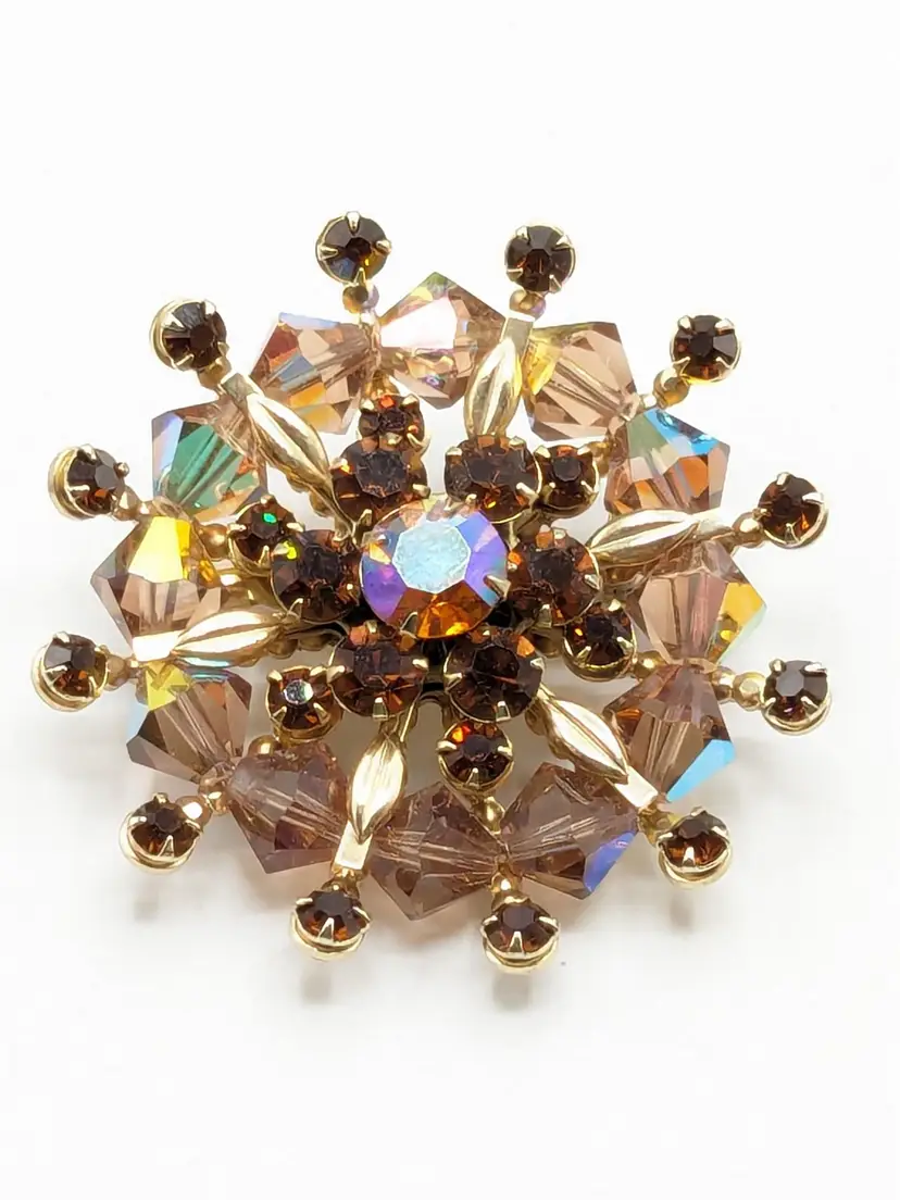 Vintage Aurora Borealis and Rhinestone Amber Brooch Pin Gold Tone
