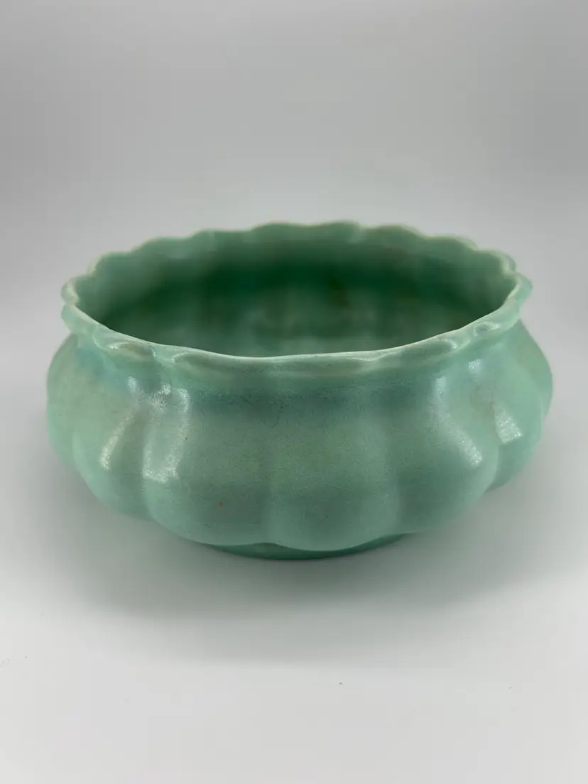 MCM RIBBED SEAFOAM GREEN CERAMIC PLANTER