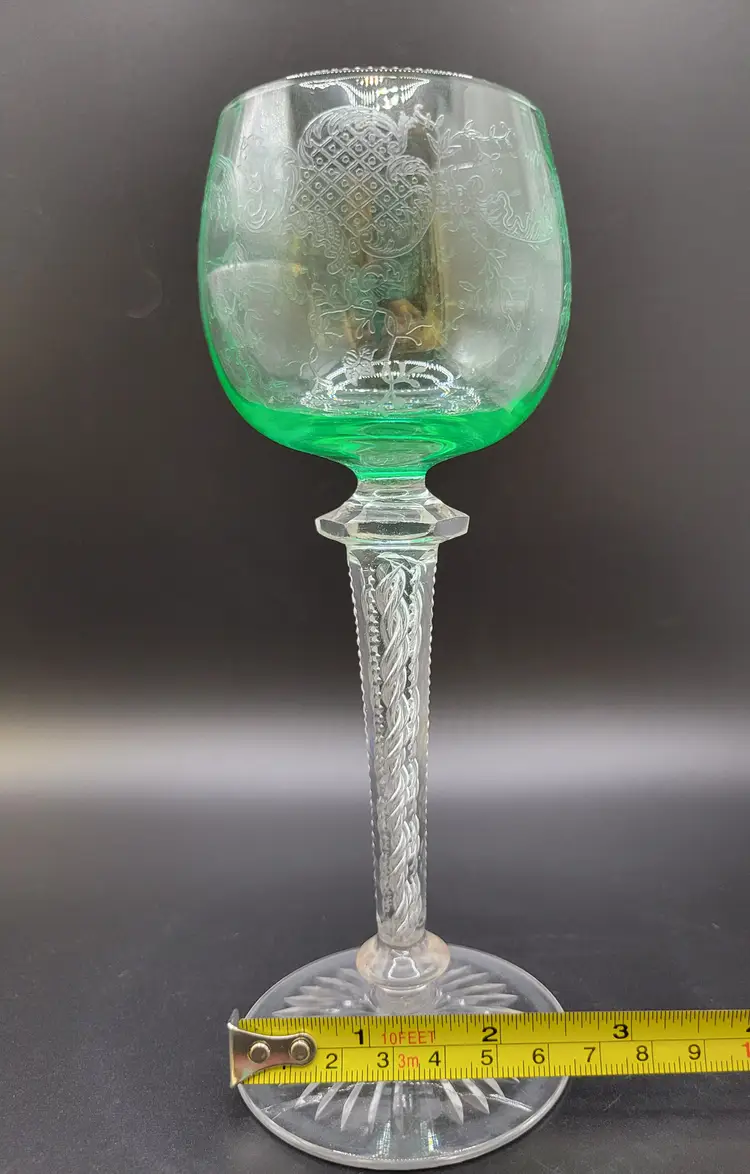 Vintage Staint Louis Glass French Air Twist Stem Etched Uraium Glow Green Bowl Wine Glass