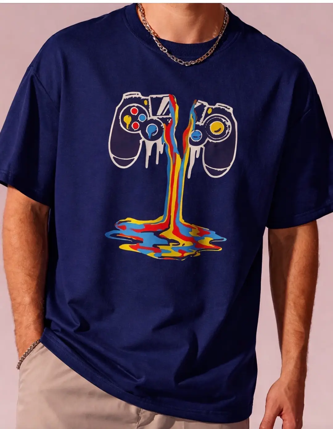 NIGHT ZONE Men's Navy Blue Gaming Controller Graphic T-Shirt L/G