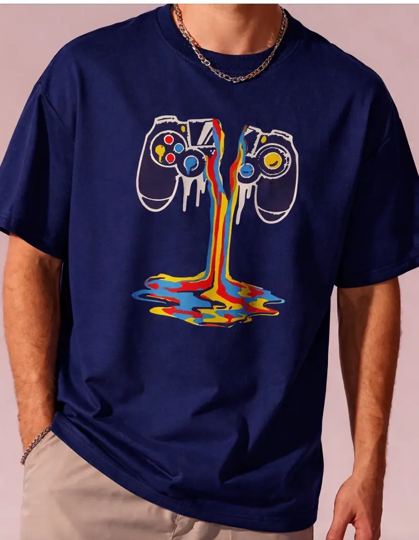 NIGHT ZONE Men's Navy Blue Gaming Controller Graphic T-Shirt L/G