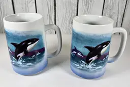 Vintage Otagiri Japan Killer Whale Hand Painted Ceramic Coffee Mug Set of 2