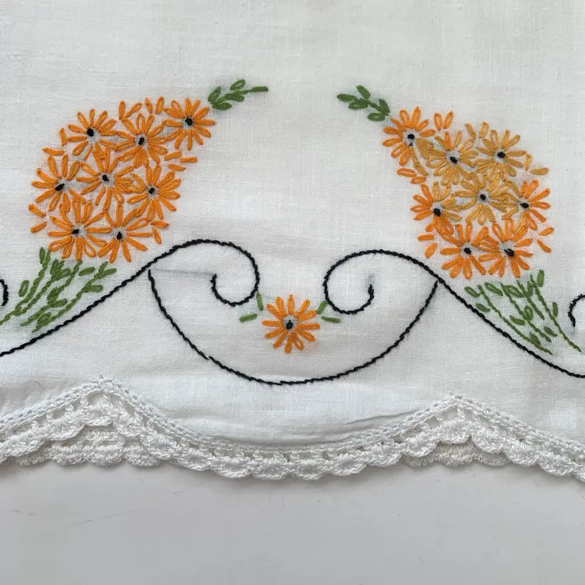 1 Embroidered Orange Floral Pillowcase Crochet Lace Cottagecore Shabby Décor Vintage