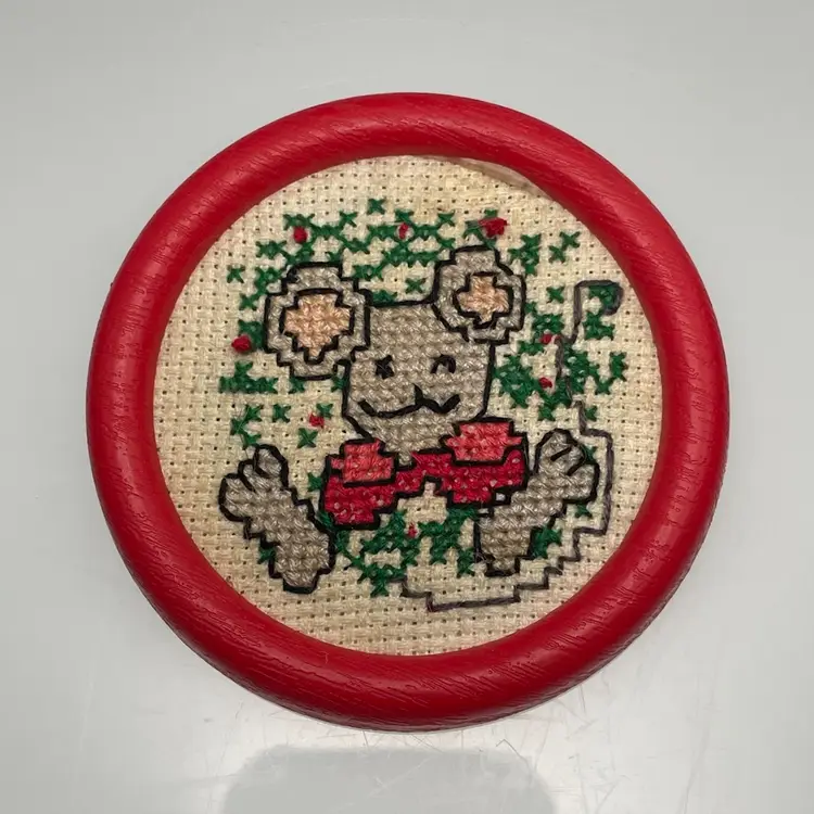 Cross Stitch Mouse in Red Frame Christmas Magnet Vintage 3"