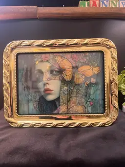 Whimsical Girl w/ Flowers & Butterfly in a Vintage Brass Frame