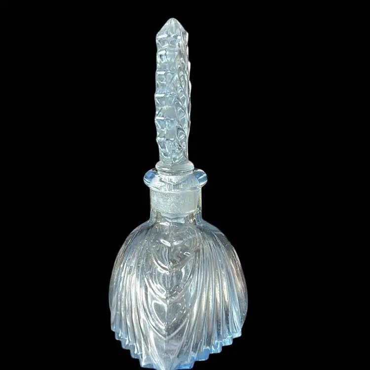 Vintage Art Deco Design Pressed Glass Ice Blue Perfume Bottle: 3.5”x5.5”x 2.5”