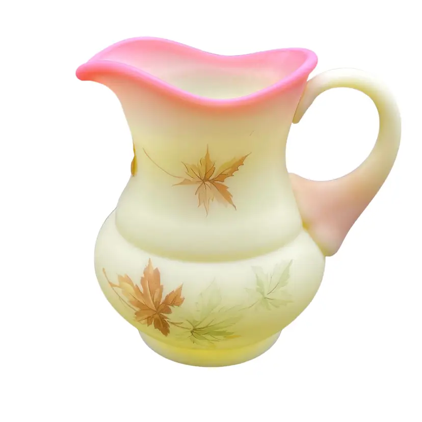 Fenton Autumn Leaf Hand Painted Burmese Custard Glass Vase Pitcher Creamer