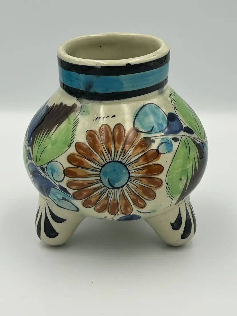 Vintage Floral Hand Painted Tonala Pot Belly Tri Footed Vessel  Vase Folk Art