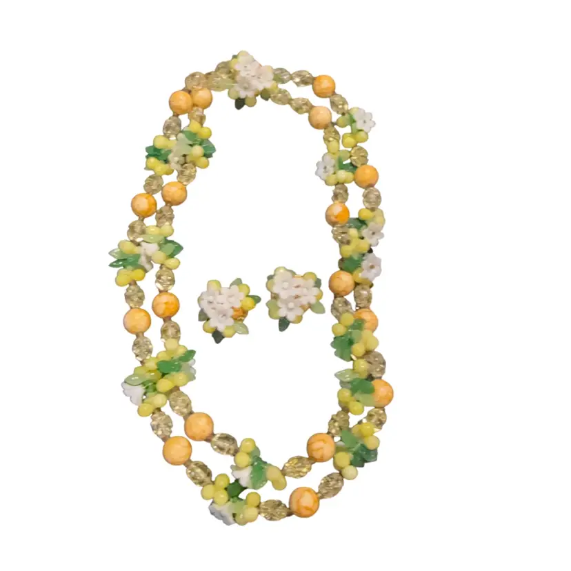 Demi-Parure 1940s 1950s Fruit Salad • Orange Blossom, Lemons 🍋 Oranges 🍊• Double Strand Necklace And Clip On Earrings Set - Stamped Hong Kong - 20”