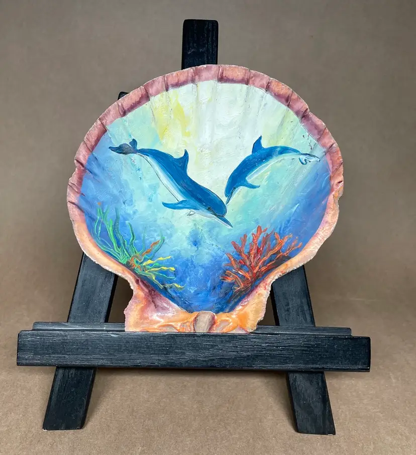 Hand Painted Scallop Sea Shell Dolphins Ocean Sea Life Trinket Dish Beach Decor