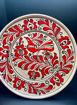 Korond Plate & Bowl Set With Bird Design Transylvania 1970s Hand painted