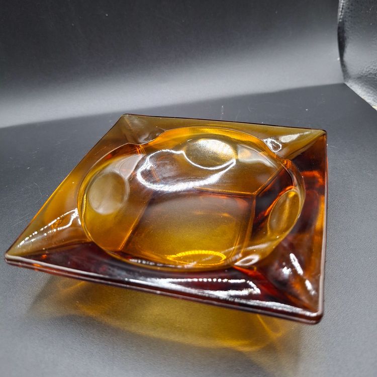 Vintage Amber Glass Ashtray Square Mid-Century Modern Design