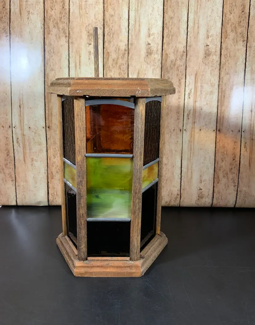 Vintage Slag and Stained Glass 12” Wood Framed Candle Lantern
