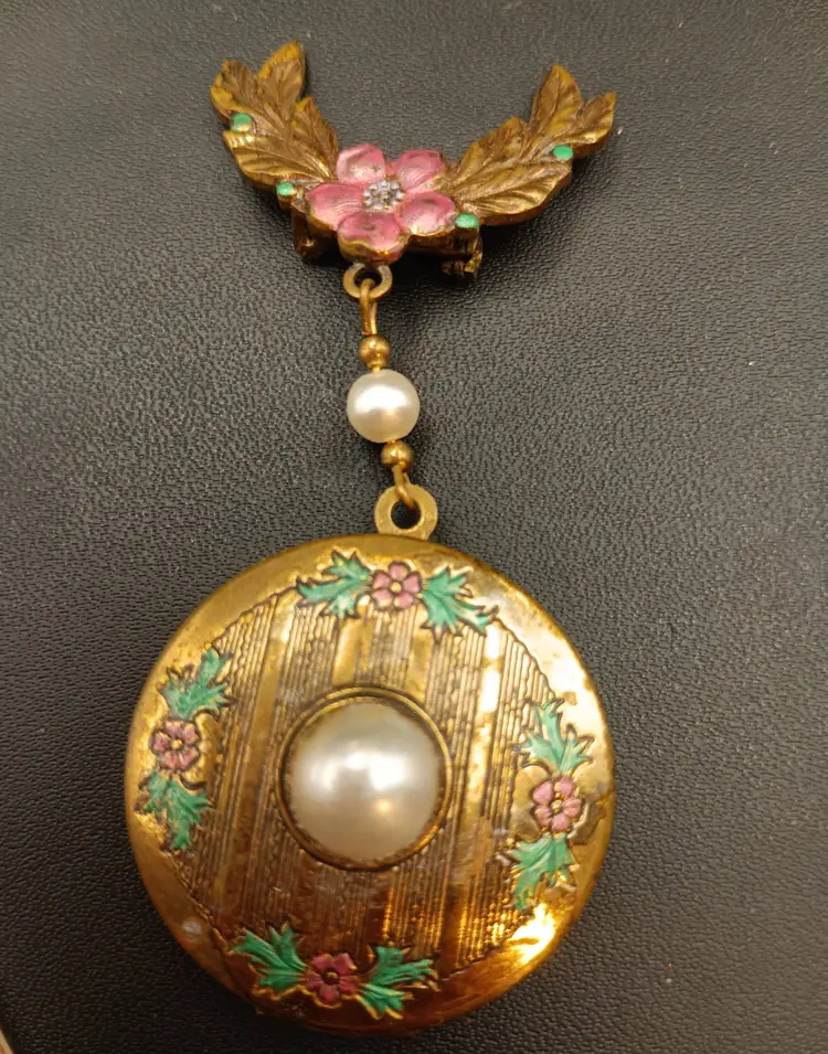 Vintage Brass Pink and Green Enamel Faux Pearl Double Locket Brooch.