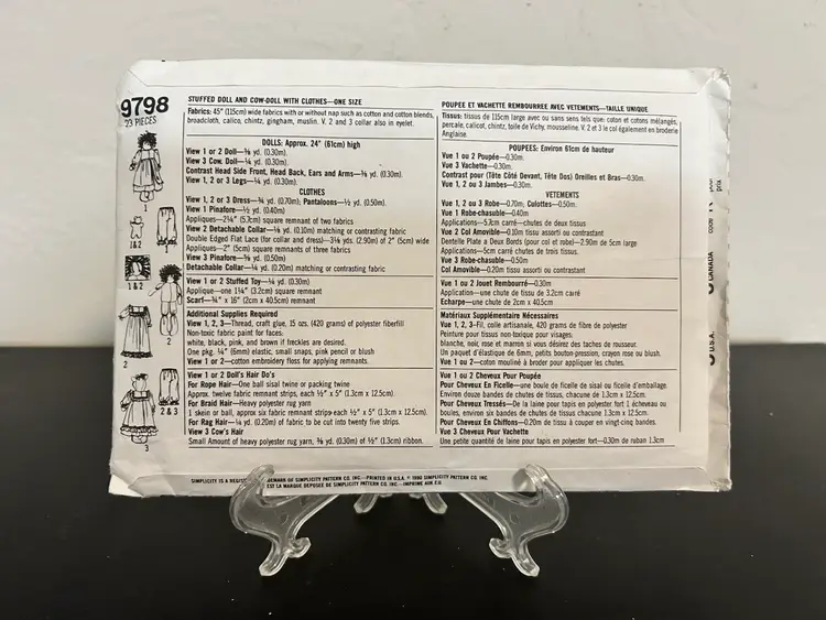 Vtg Simplicity Crafts Pattern 9798 Stuffed Doll & Cow-Doll W/ Clothes Uncut FF