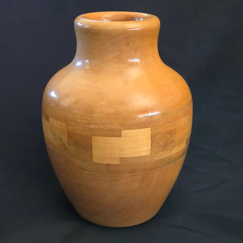 Wood Vase Inlay Segmented Multiple Woods Hand Turned Round 7¾" Tall Unbranded