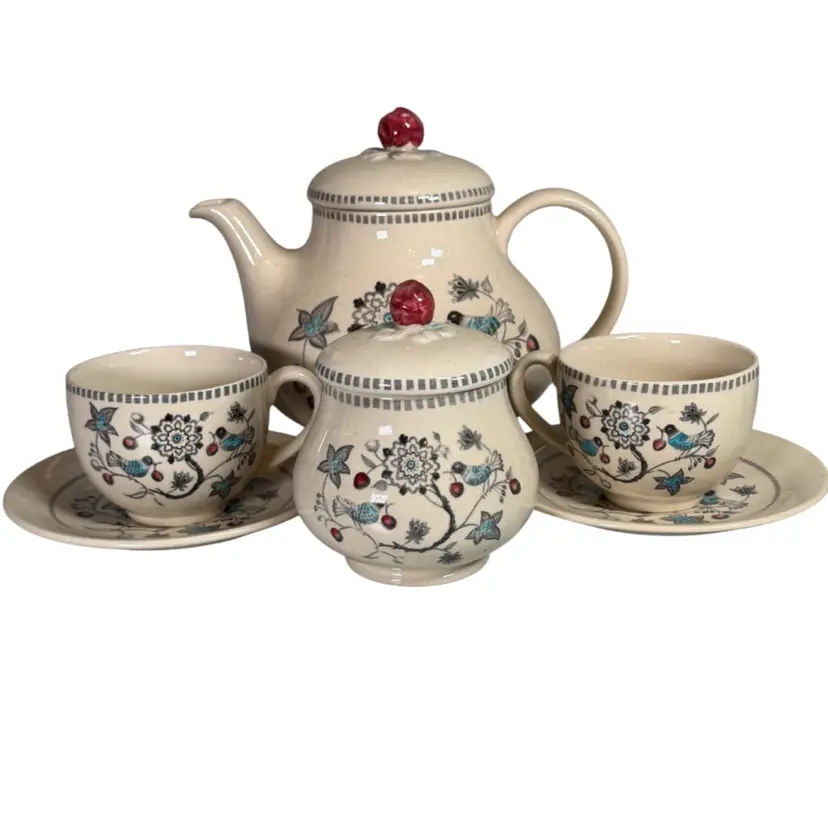 Johnson Bros England Tea Set – Vintage Bird & Floral Pattern – Teapot, Sugar, 2 Cups & Saucers