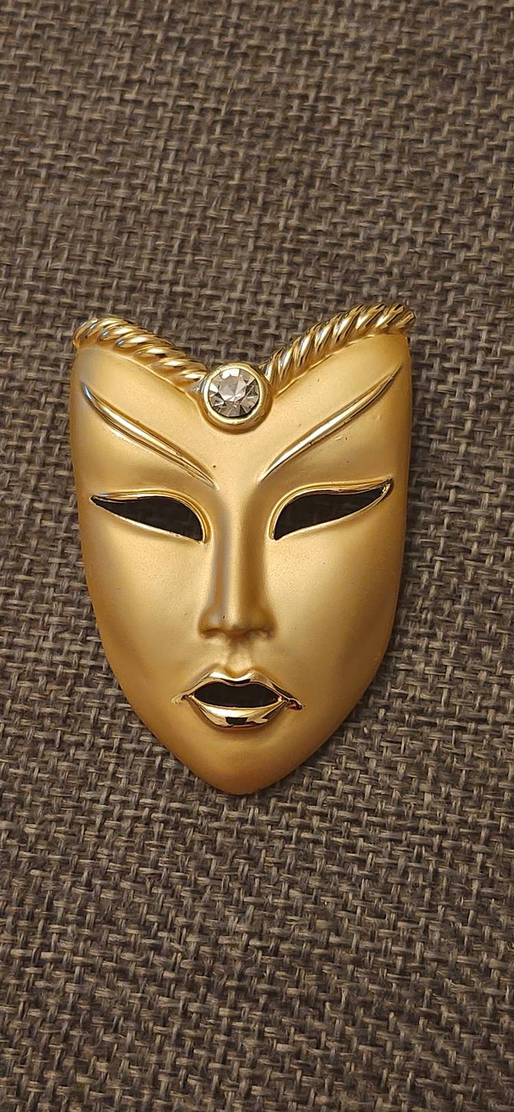 Vintage Mask Pin Brooch Brushed Gold Rhinestone Face Chunky 1980s