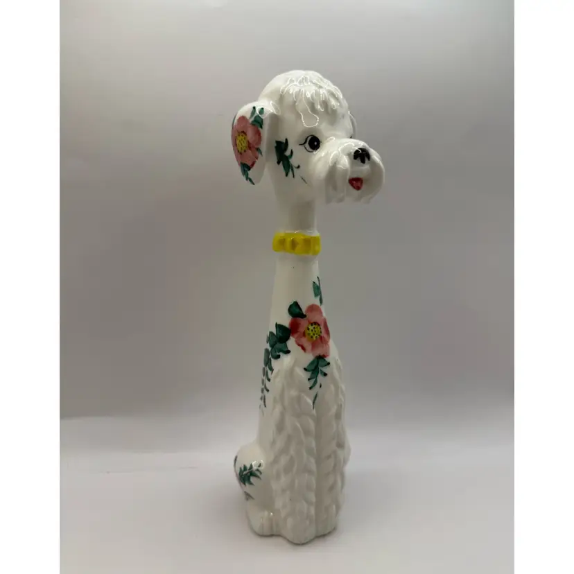 Lefton Long Neck White Poodle Dog Hand Painted Florals 9”