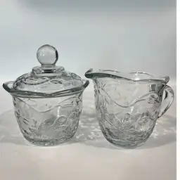 Princess House- “Fantasia” Cream And Lidded Sugar. Scalloped Edge- Poinsettia- Cream, 3.25” Tall, Sugar, 4.5” Tall With Lid- Vintage