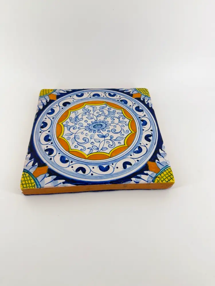 LARGE Terracotta 8"x8" Hand Painted Trivet Tile Sunflower