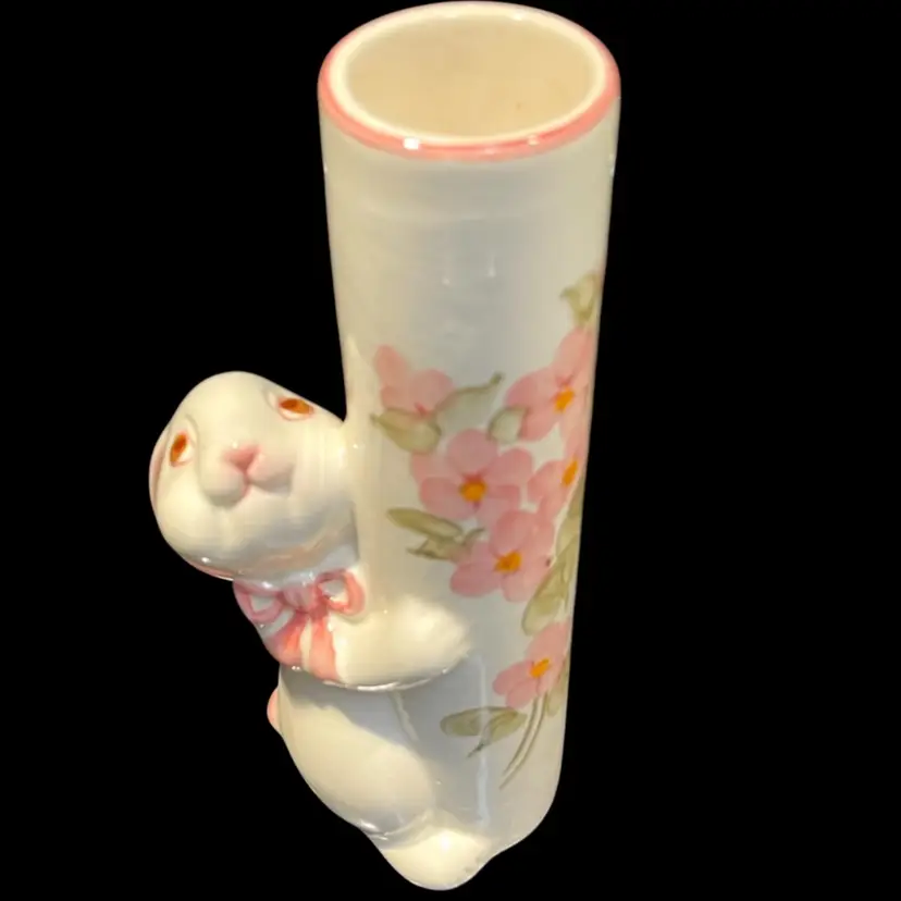 Easter Bunny rabbit Bud Vase- By Weiss Brazil For FTDA- 1987 -Hand Painted Pink Flowers- 7.5”