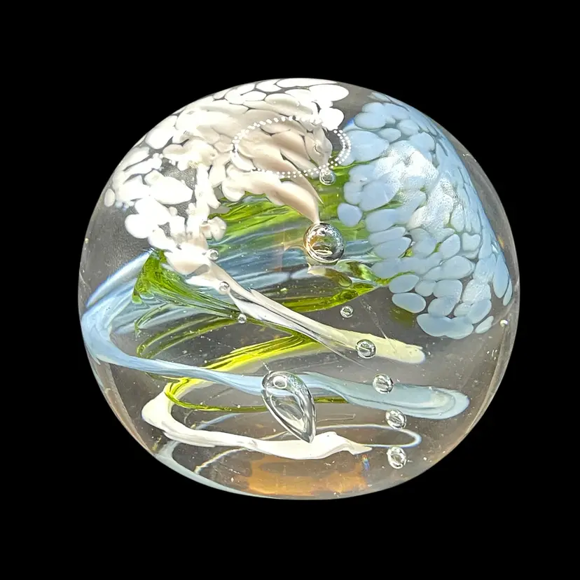 1995 Fred Wilkerson Art Glass Paperweight Swirl Blue White Green Splatter READ