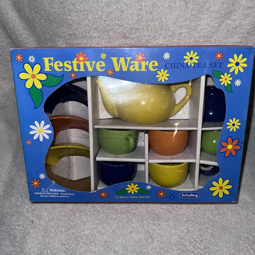 NIB Vintage 1999 SCHYLLING Festive Ware 13 PC China Tea Set Child Doll Size