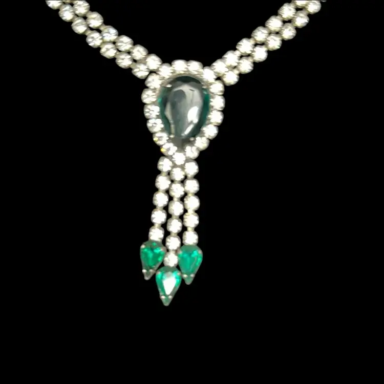 Rhinestone Necklace Emerald Green Teardrop Pendant Vintage Style