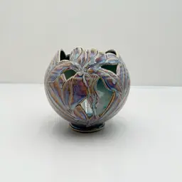 Signed Studio Art Pottery Cut Out Iris Decorative Bowl