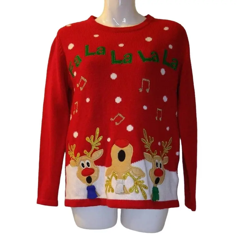 Ugly Christmas Sweater FA LA LA LA Singing Reindeer Holiday Time Red Small