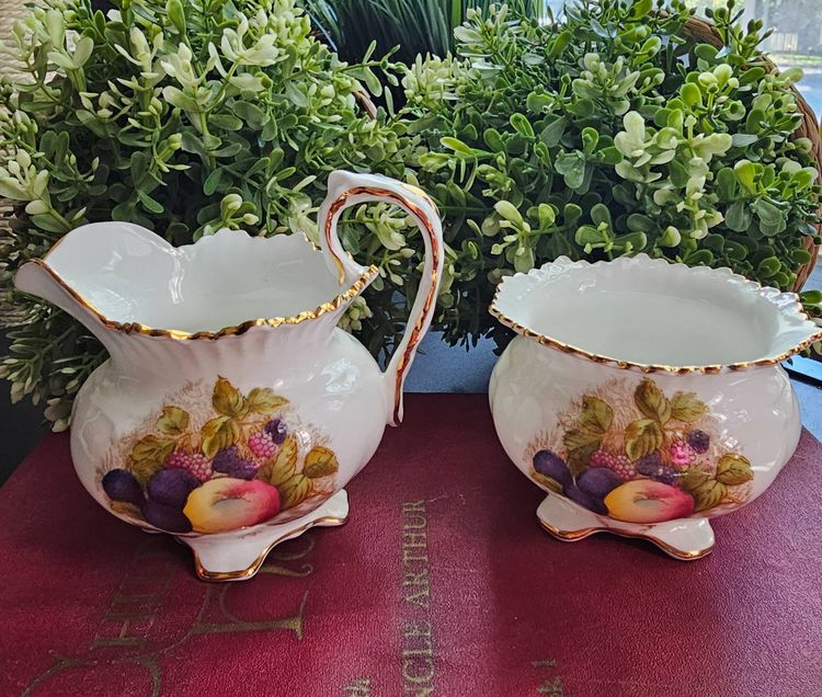 Vintage Aynsley England Bone China Creamer & Open Sugar Orchard Fruit Signed D. Jones