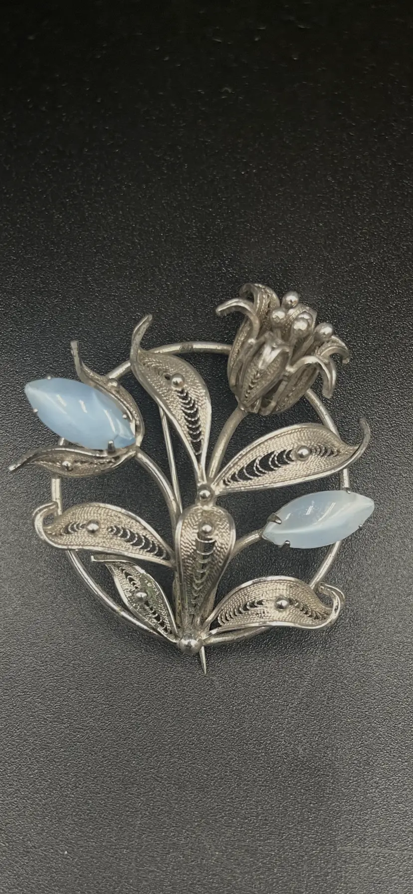 Vintage Enzell Sterling Filigree Floral Brooch with Moonstones (?)