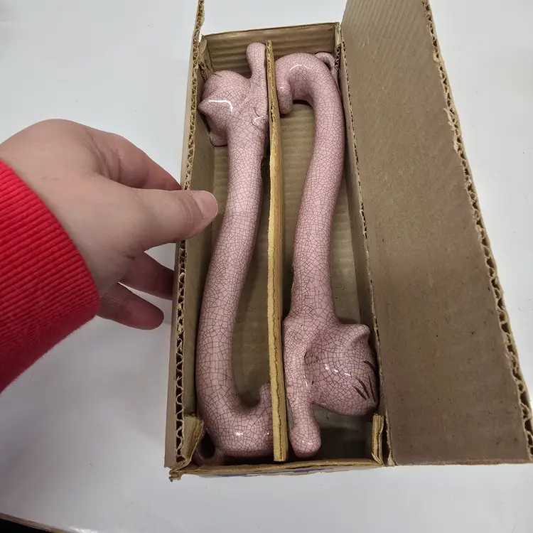 New Old Stock PINK Crackle stretching Cats Salt & Pepper Shakers