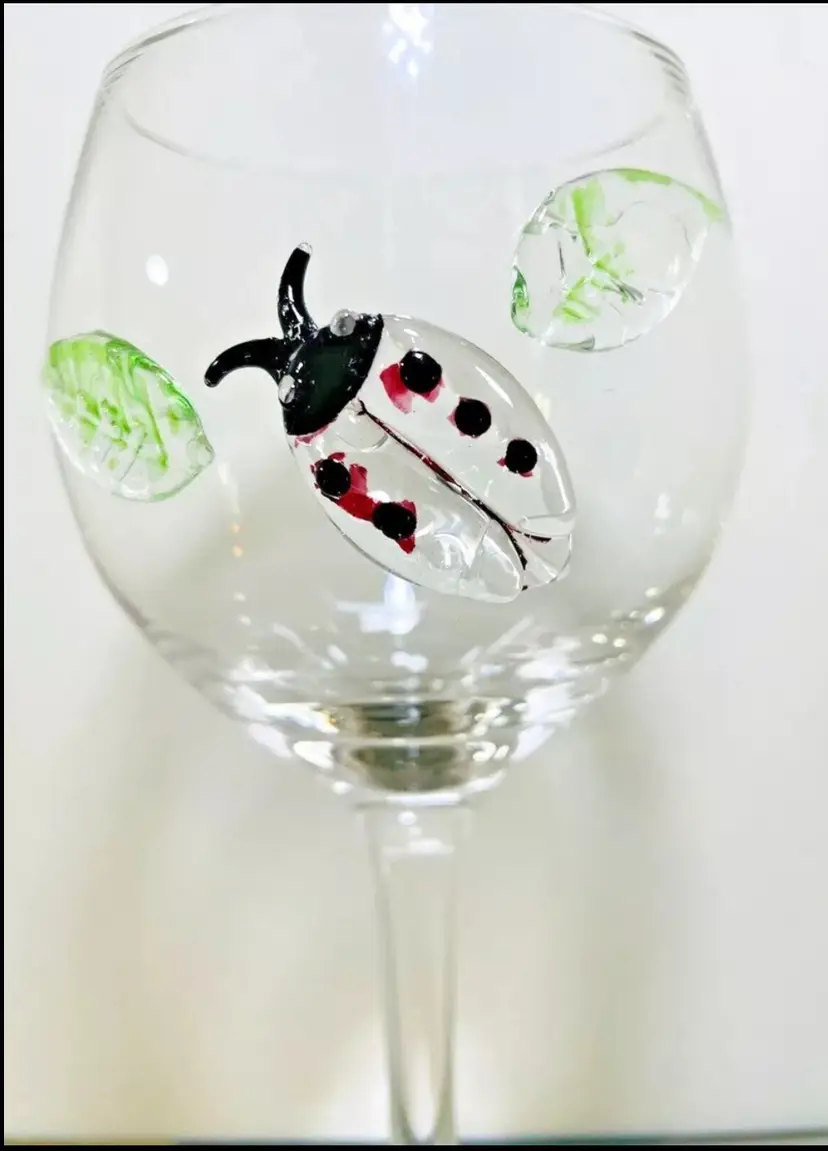 1 Applied Glass Lady Bug And Leaves Wine Stemmed Glass Goblet 8 1/2" Tall