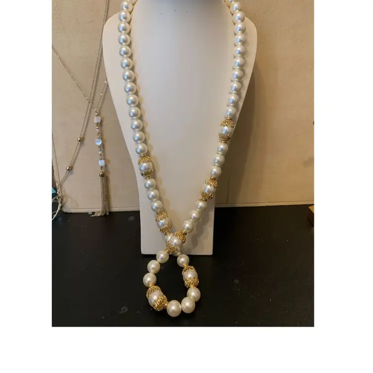 Vintage Napier Faux Pearl Necklace With Gold Accents