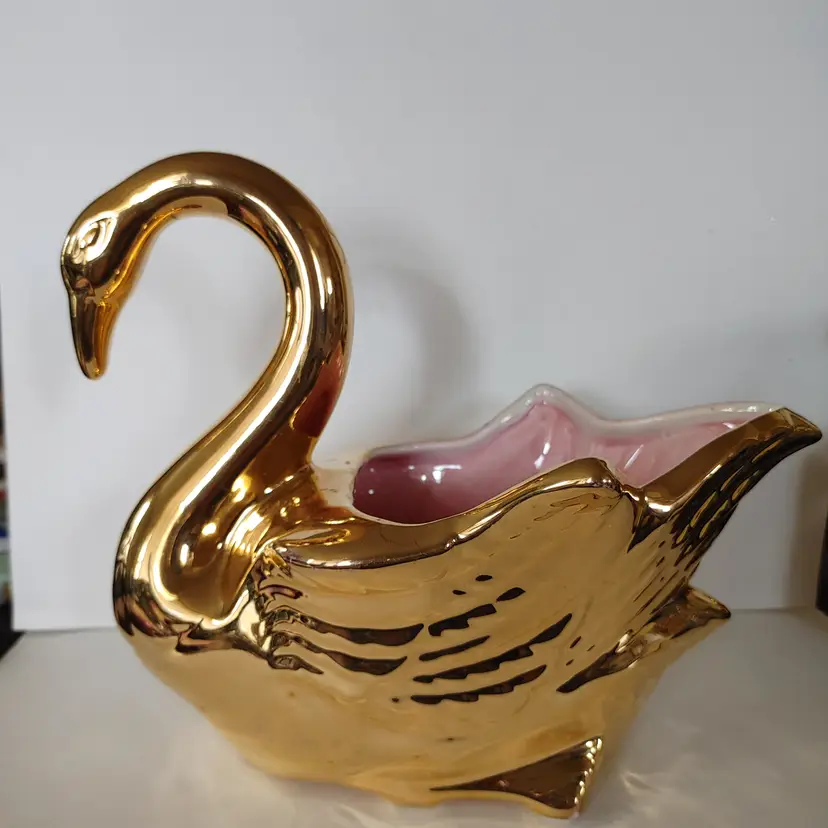 Large Metallic Gold Swan Planter. Some gold missing in areas. See pics. 10 long, 8 high, 5.5 wide.
